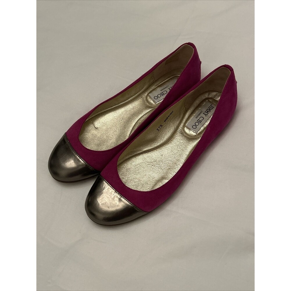 Jimmy Choo Ballerina Flats Suede Leather Metallic Fuchsia Pink Size 37.5 Great